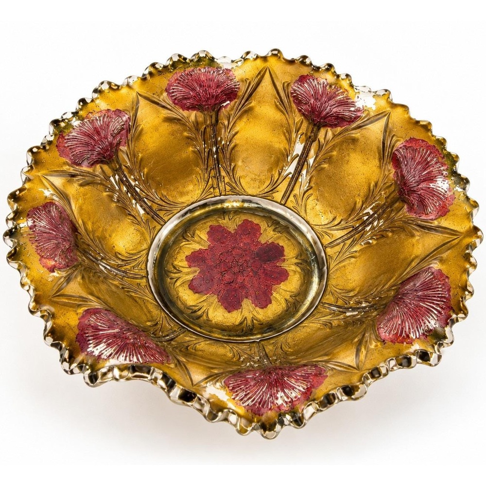 Antique Lancaster Goofus Glass Carnation Ware Bowl Red Gold 8.5" c1911 EAPG